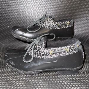 Sperry Saltwater 1-Eye Cozy Rain Duck Boot Black Cheetah Print Shoe Women Size 8